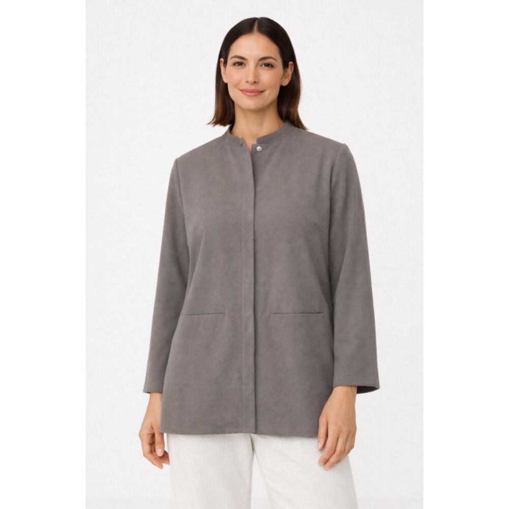 Eileen Fisher Crepe Jacket Women's 1X Mandarin Collar Snap Up Cobblestone Taupe